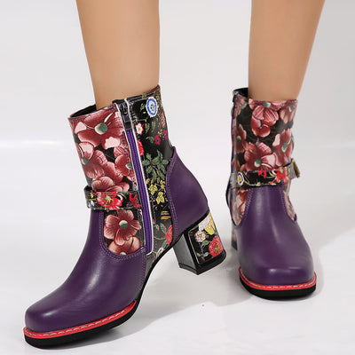 Women's Printed Stitching Round Head Thick Bottom Bootie